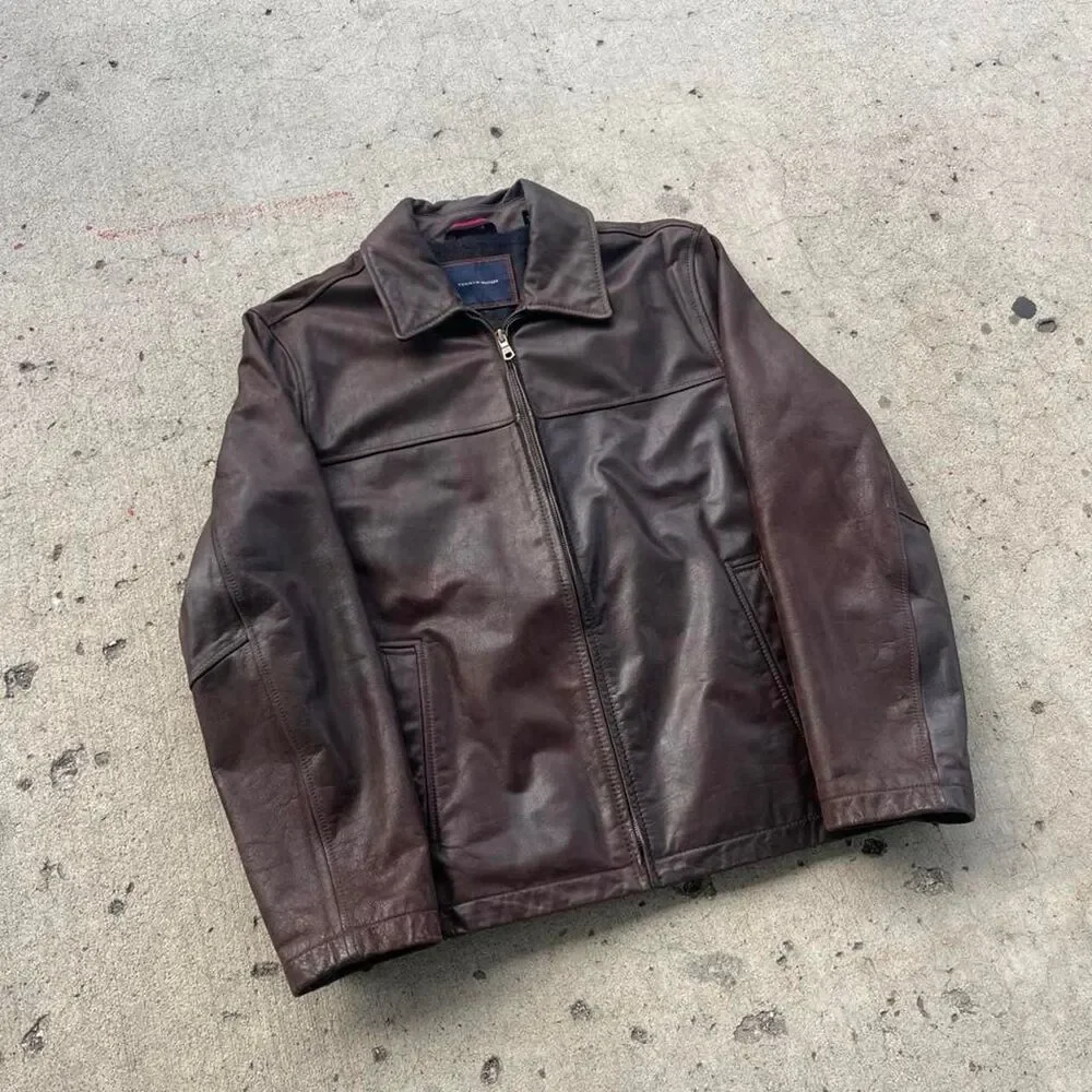 Tommy Hilfiger Genuine Leather Old Money Y2K Zip Up Jacket